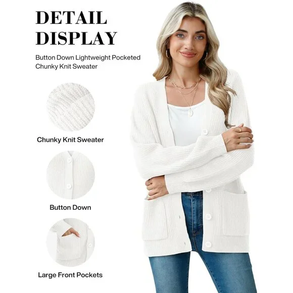 Cozy Women's Chunky Knit Cardigan - Long Sleeve V-Neck Sweater Coat with Pockets